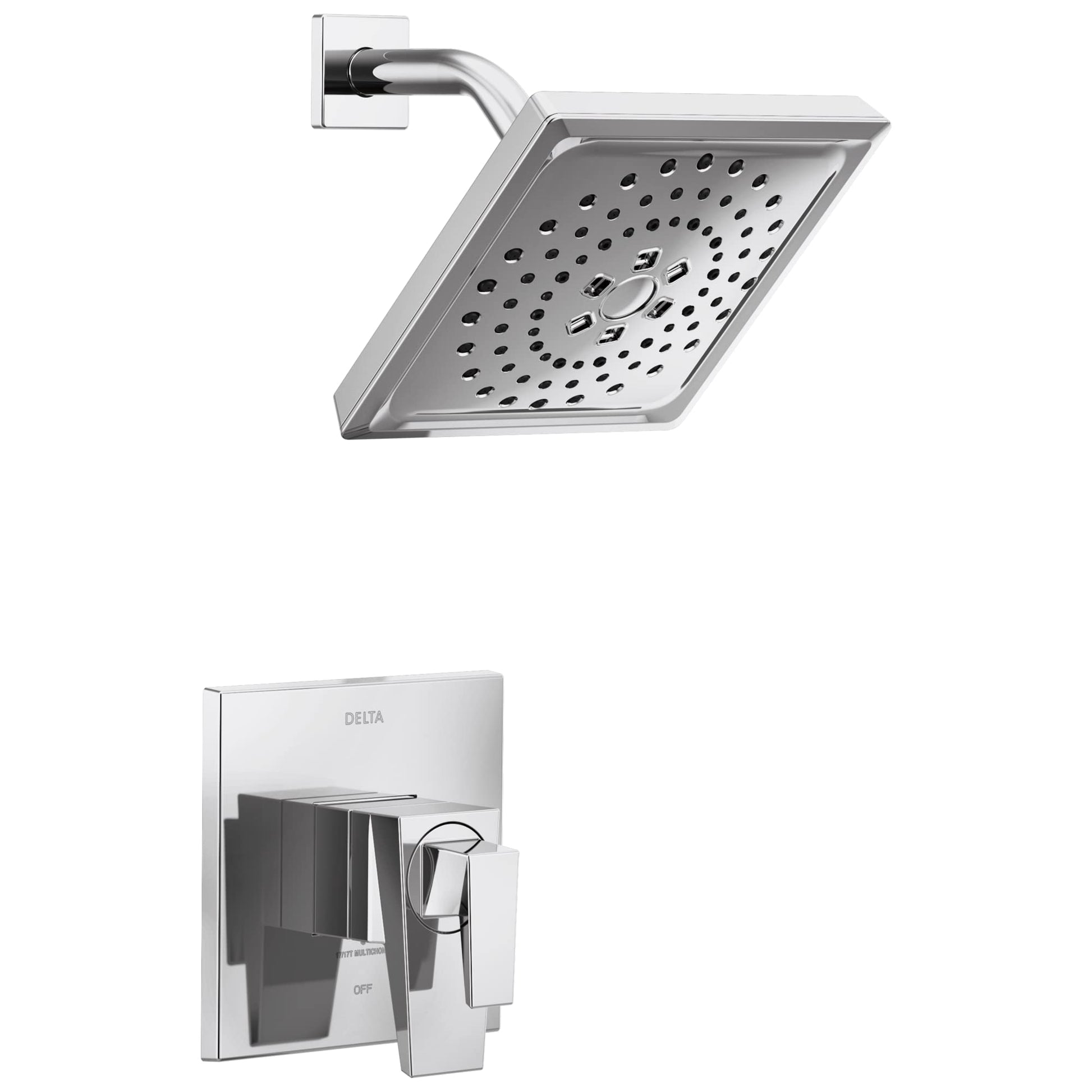 Chrome shower head with perforated face and curved arm mounted to wall plate; matching control valve trim below.