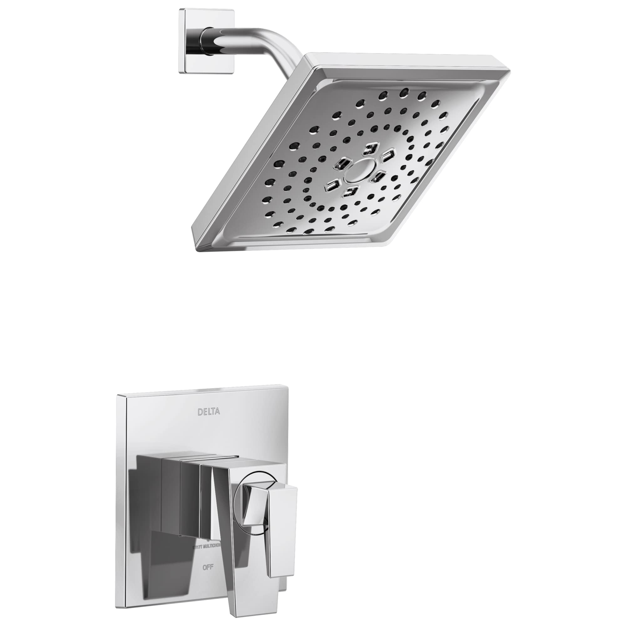 Chrome shower head with perforated face and curved arm mounted to wall plate; matching control valve trim below.
