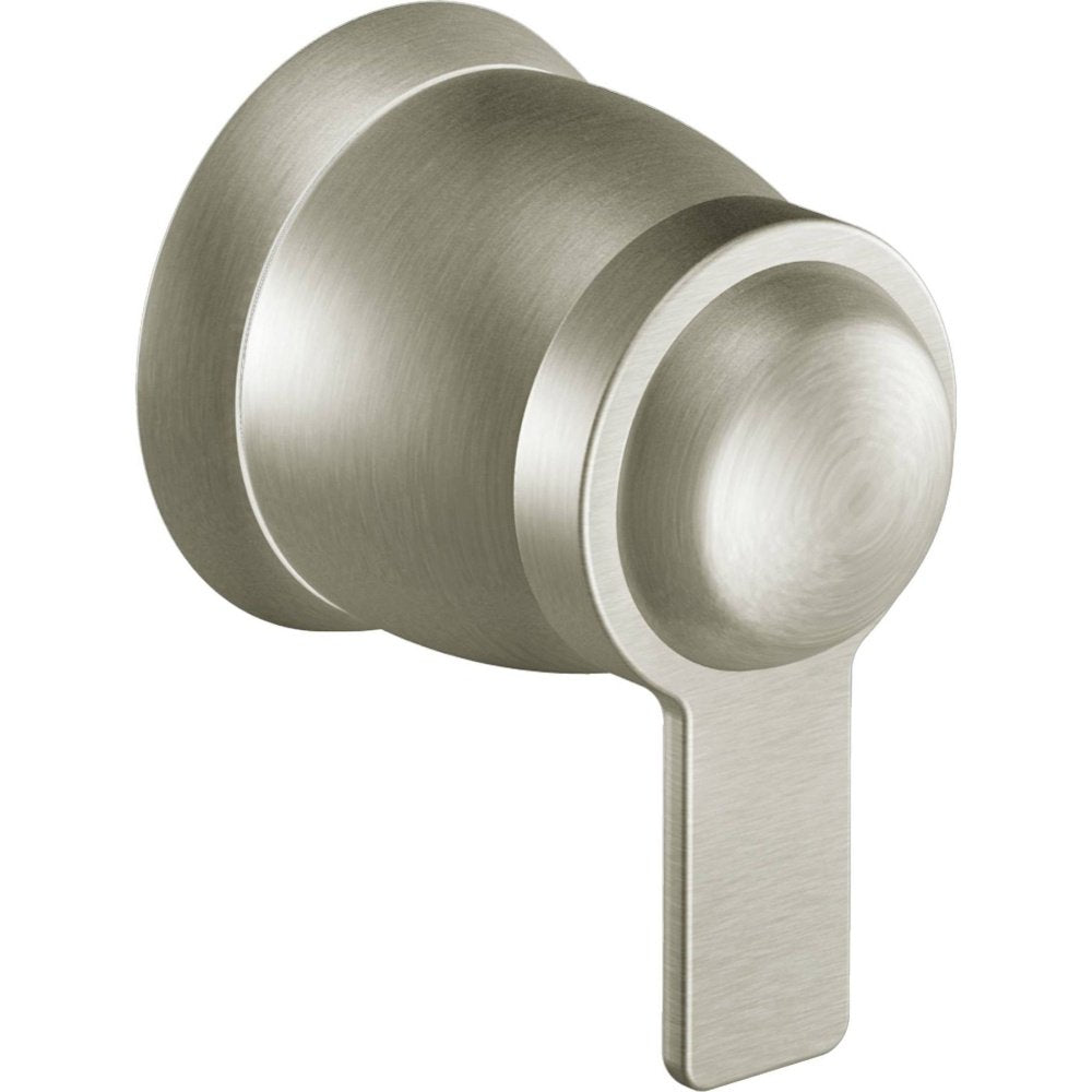 Brushed nickel volume control valve with cylindrical trim ring and angled lever handle.