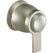 Brushed nickel volume control valve with cylindrical trim ring and angled lever handle.