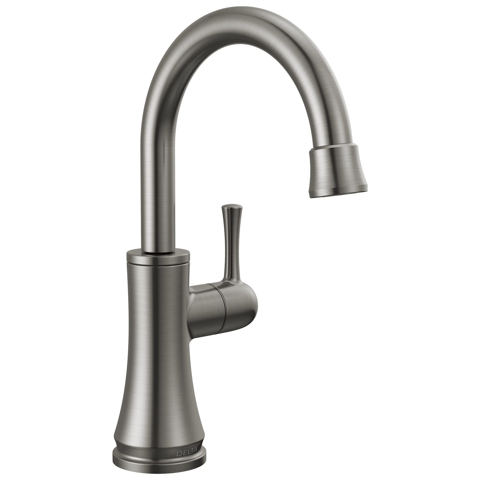Stainless steel beverage faucet with curved pull-down spout and single side handle.