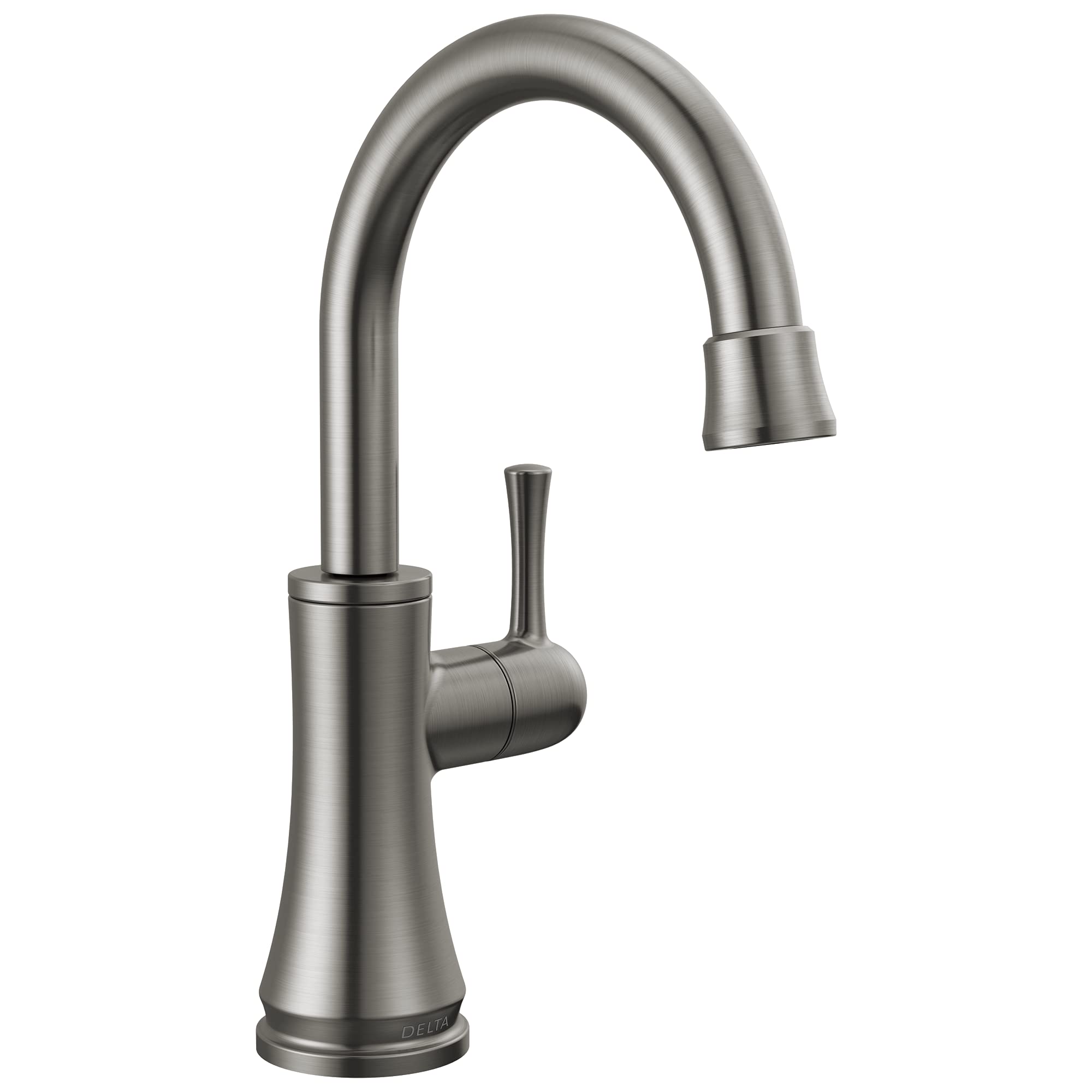 Stainless steel beverage faucet with curved pull-down spout and single side handle.