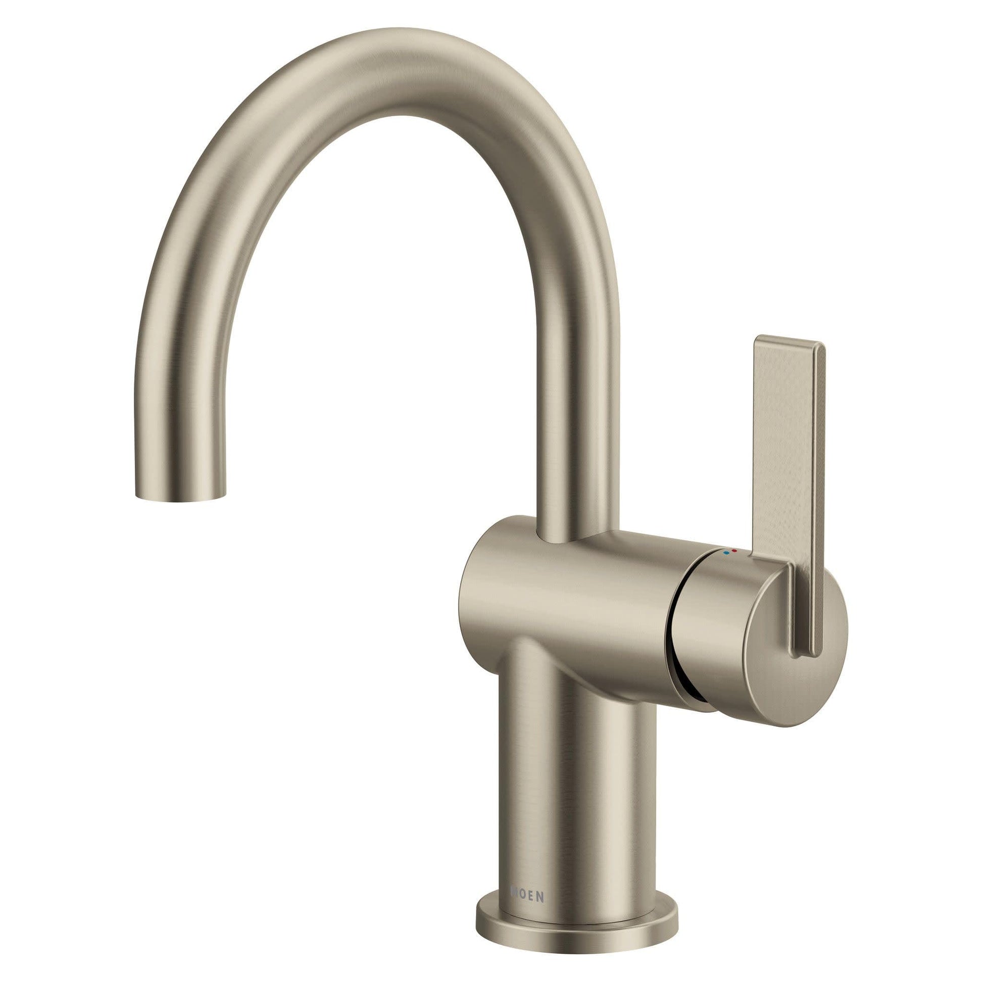 Brushed nickel single-handle bathroom faucet with curved spout and rectangular lever, shown from front angle.