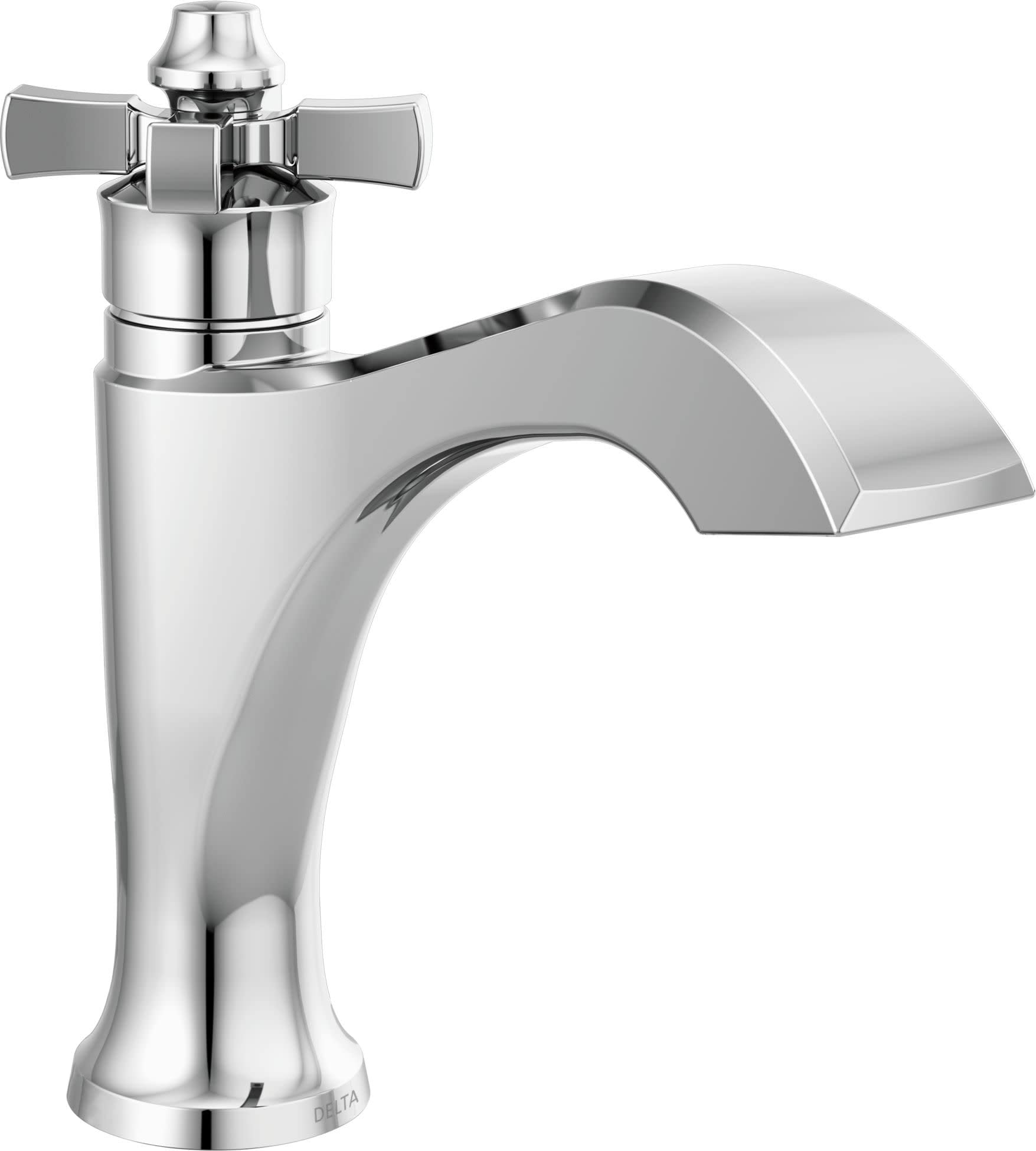 Chrome bathroom faucet with single curved spout, cross handles, and pop-up drain assembly.