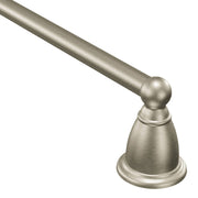 Brushed nickel wall-mount towel bar with cylindrical rod and decorative finial end cap.
