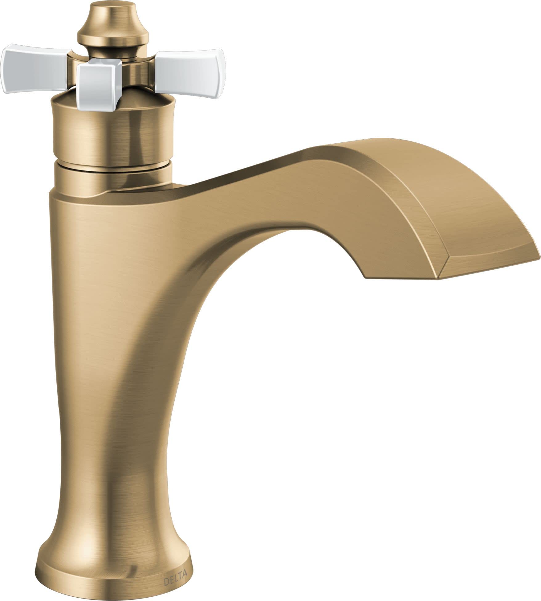 Brass bathroom faucet with curved spout, single handle, and white cross handles on cylindrical body.