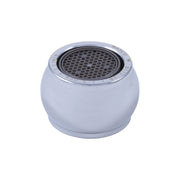 Chrome faucet aerator with rounded white body and perforated black mesh screen insert.