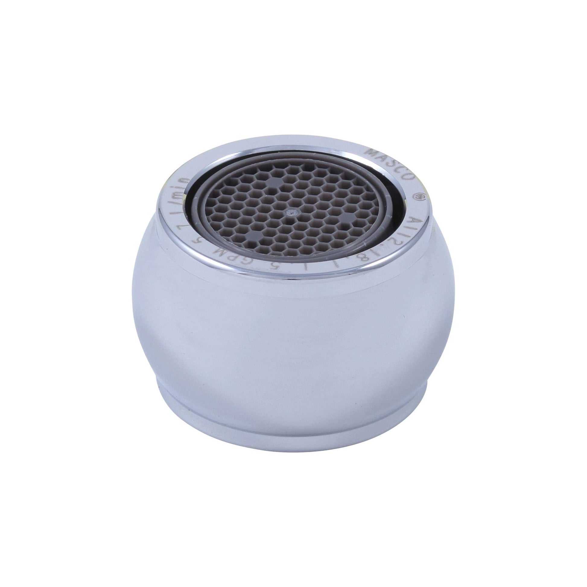 Chrome faucet aerator with rounded white body and perforated black mesh screen insert.
