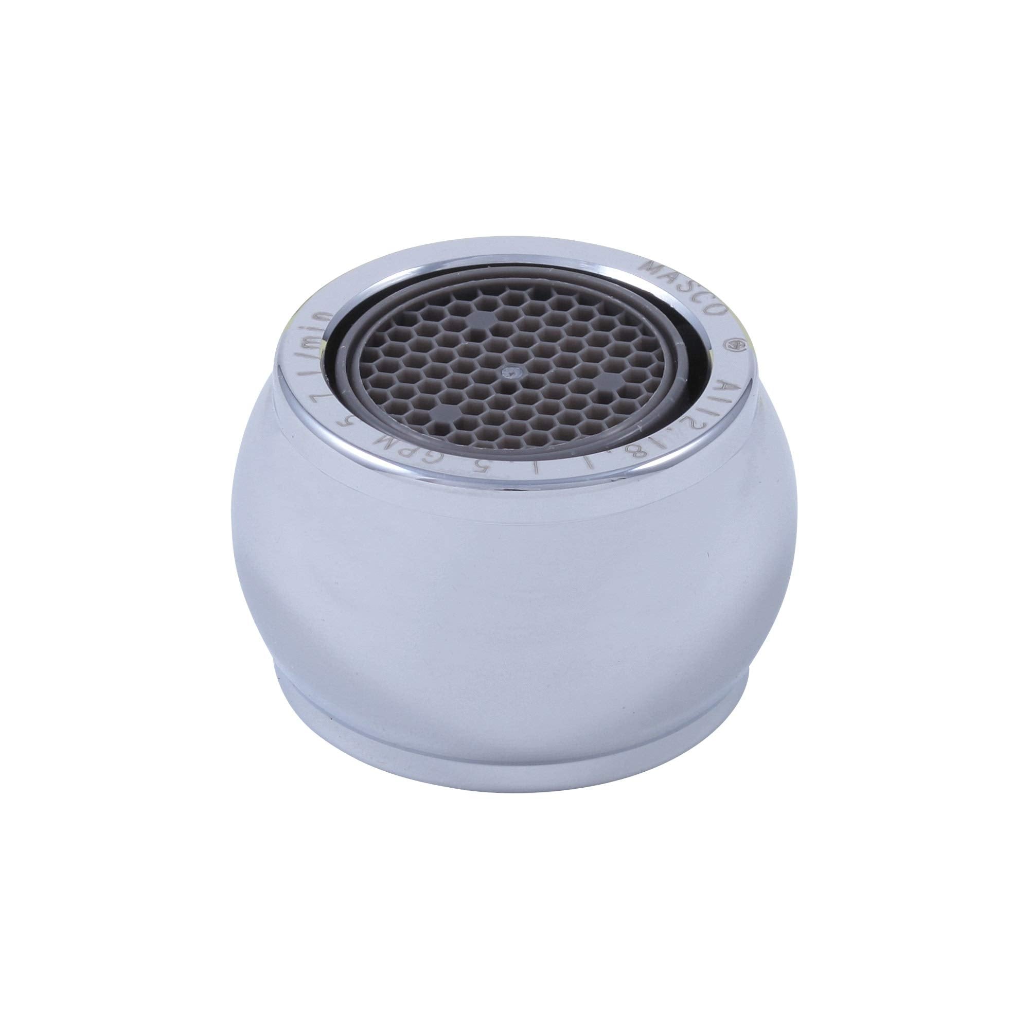Chrome faucet aerator with rounded white body and perforated black mesh screen insert.