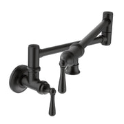 Matte black wall-mounted pot filler faucet with folding swing arm and lever handles.