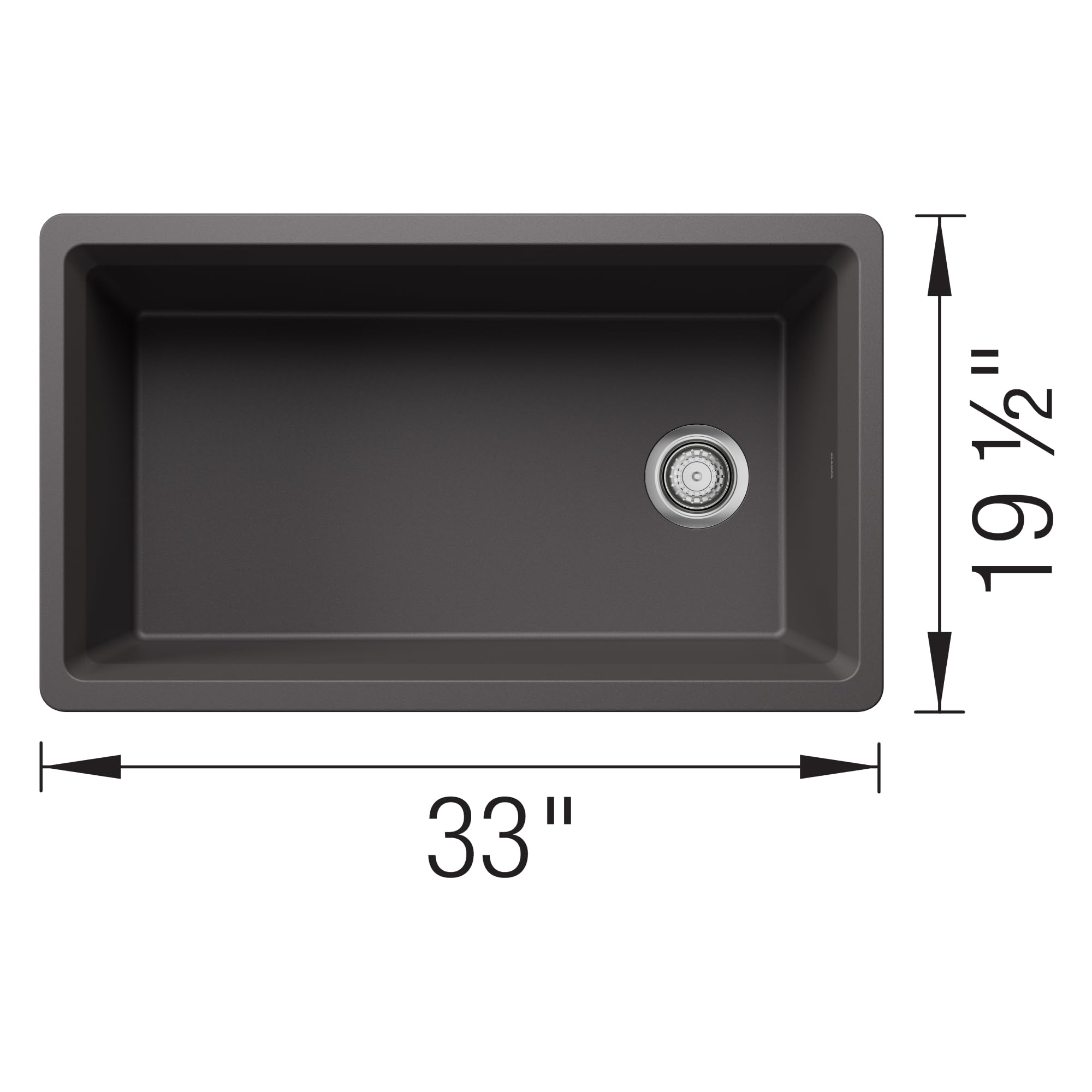 Dark gray single-basin undermount kitchen sink with rounded corners and stainless steel drain, 33 inches wide.