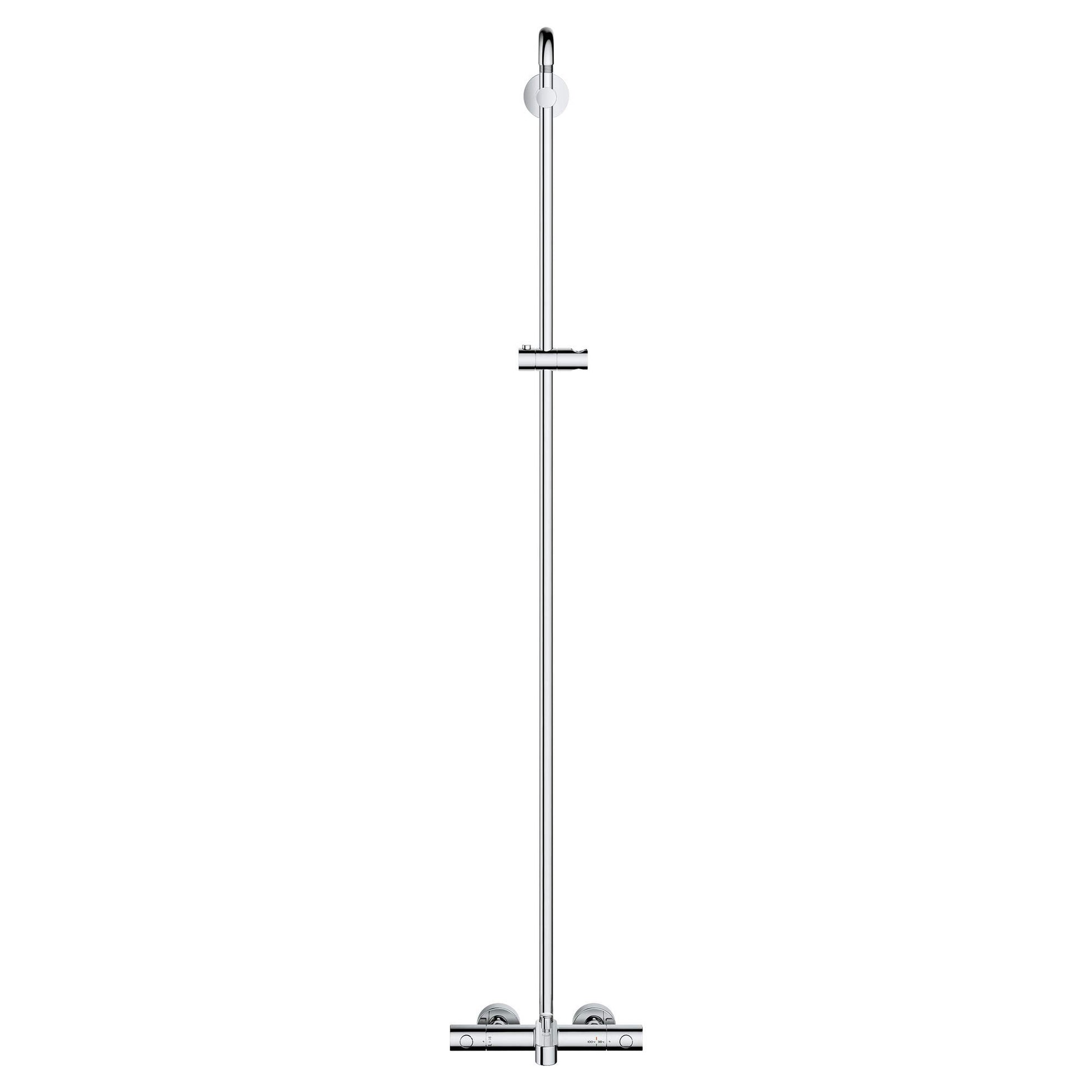 Chrome thermostatic tub/shower system with vertical slide bar, overhead showerhead, and horizontal control valve.