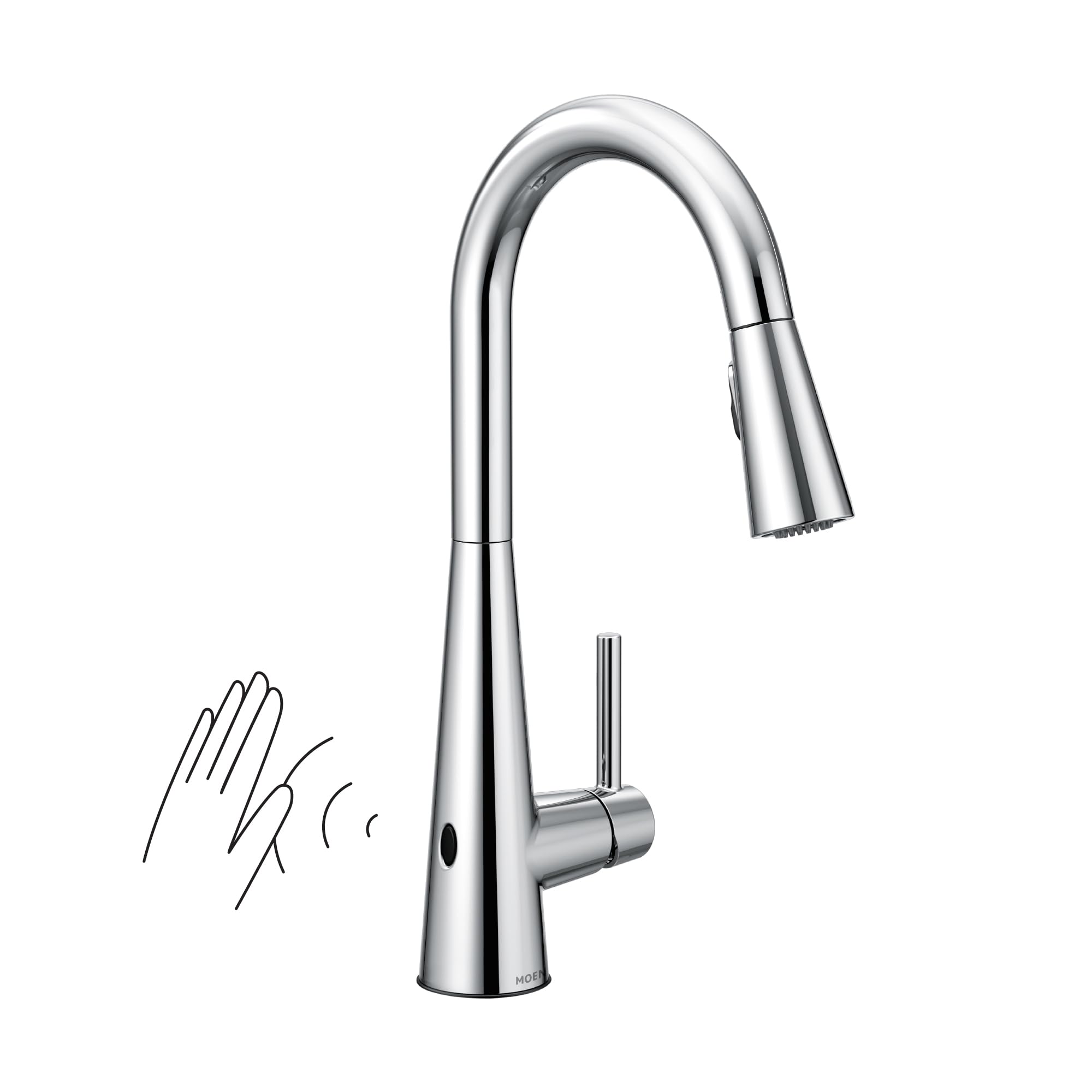 Chrome high-arc kitchen faucet with pulldown spray head and motion sensor activation shown with hand gesture.