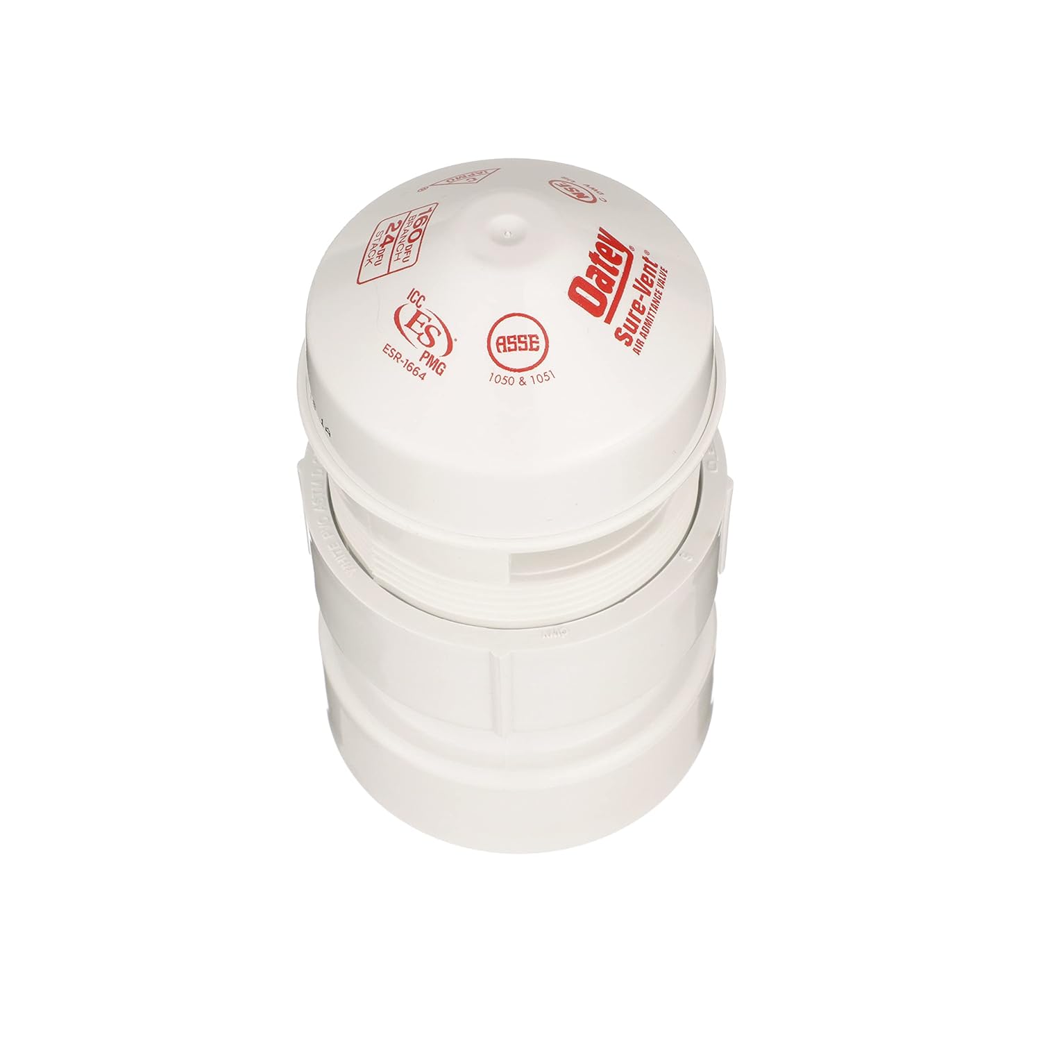 White PVC air admittance valve with red certification markings and cylindrical adapter base.