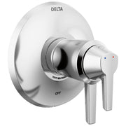 Chrome Delta Galeon 17T Series valve trim with round escutcheon plate, lever handle, and temperature indicator dots.