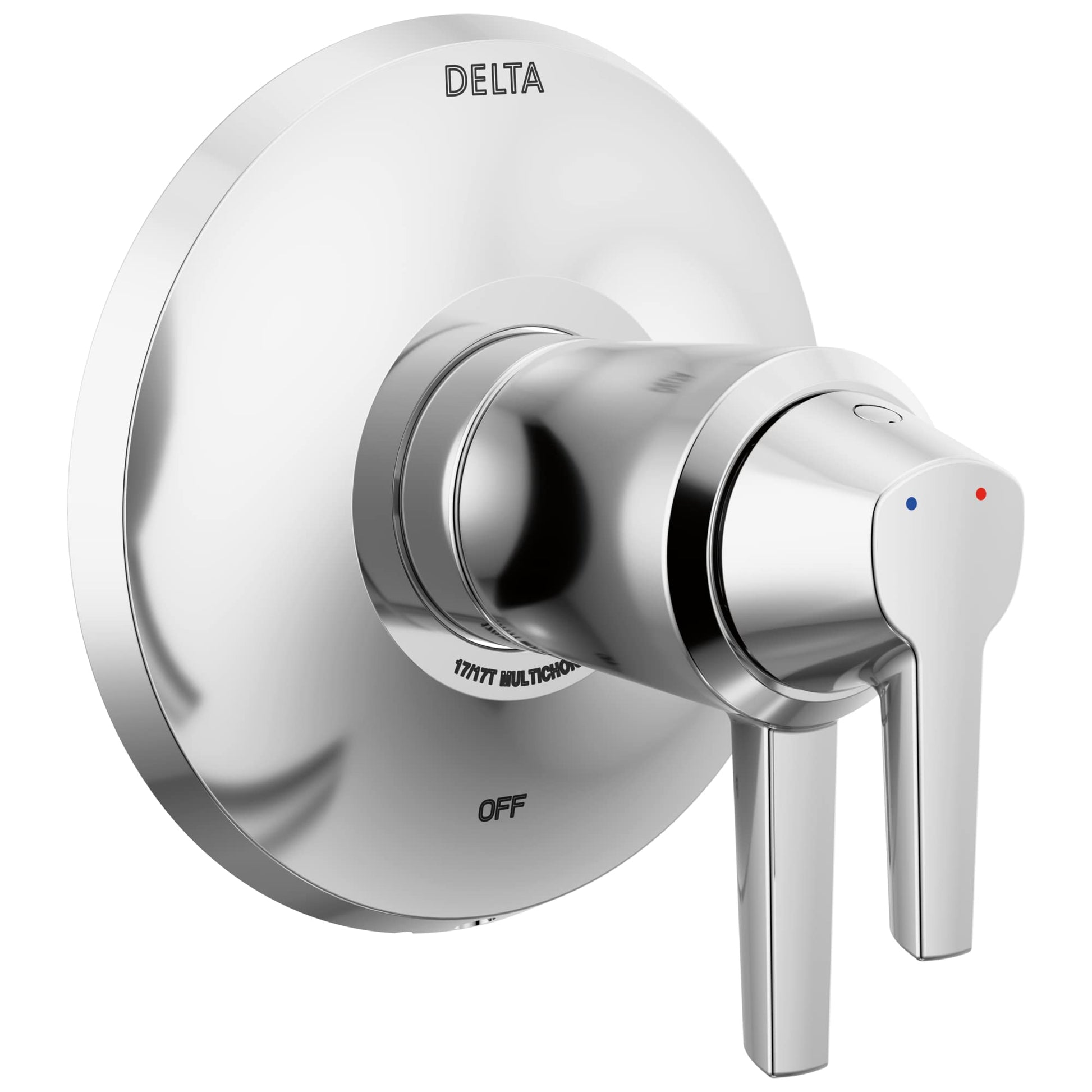 Chrome Delta Galeon 17T Series valve trim with round escutcheon plate, lever handle, and temperature indicator dots.