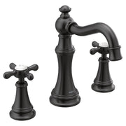 Matte black two-handle widespread bathroom faucet with curved spout and cross handles on round bases.