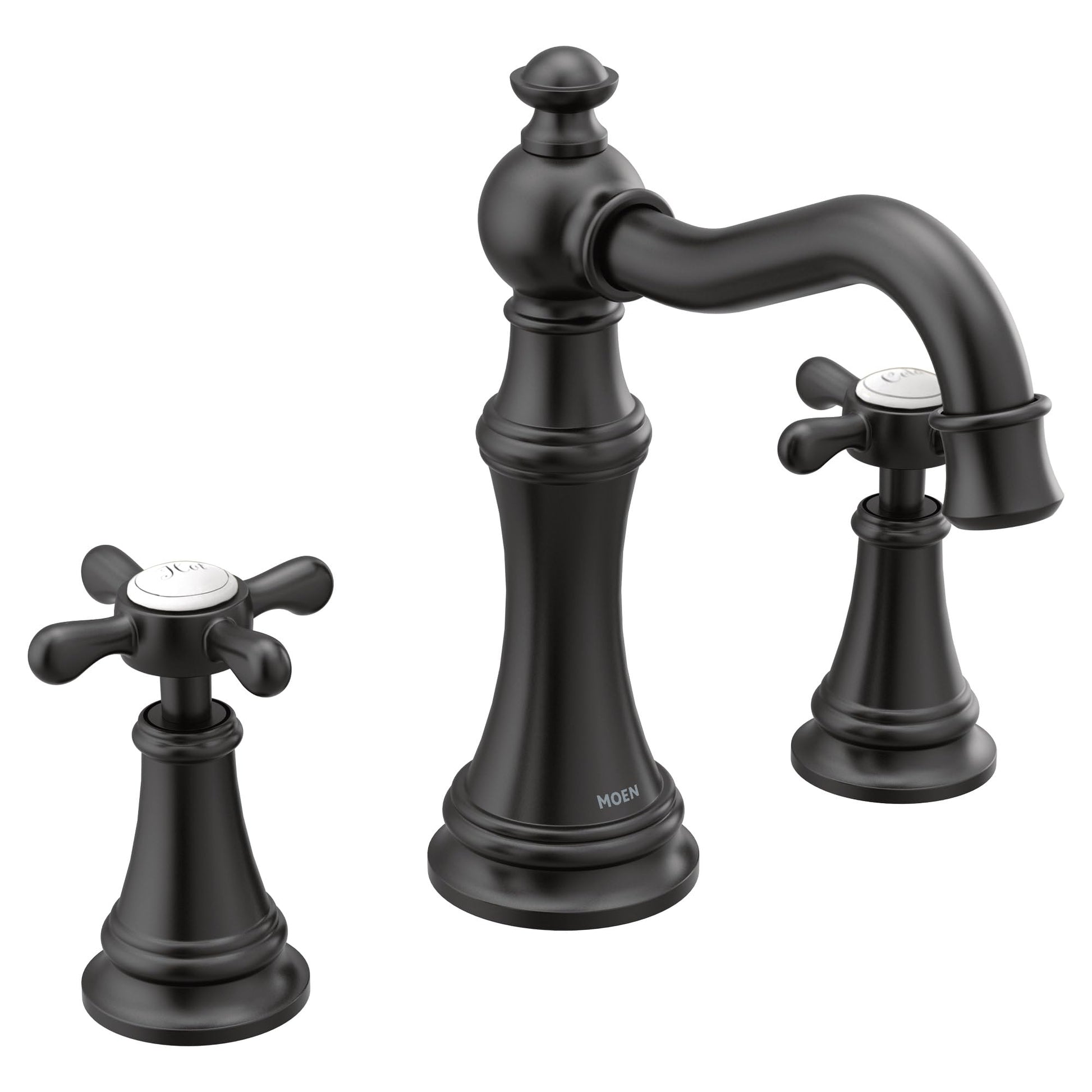 Matte black two-handle widespread bathroom faucet with curved spout and cross handles on round bases.