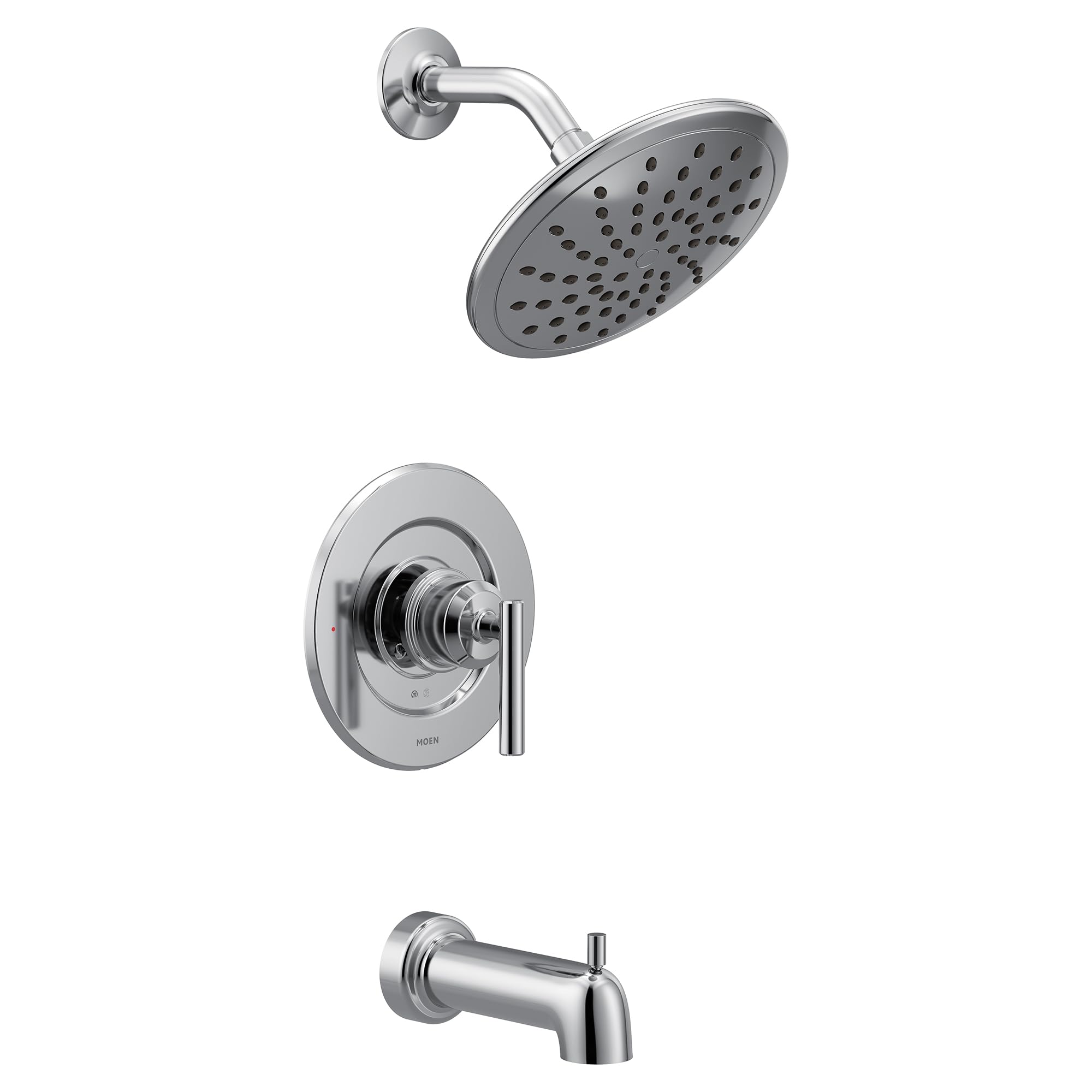Chrome tub and shower trim with 8-inch round rainshower head, curved arm, valve trim, and tub spout.
