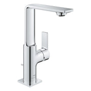 Chrome single-hole bathroom faucet with tall cylindrical body, single lever handle, and extended rectangular spout.