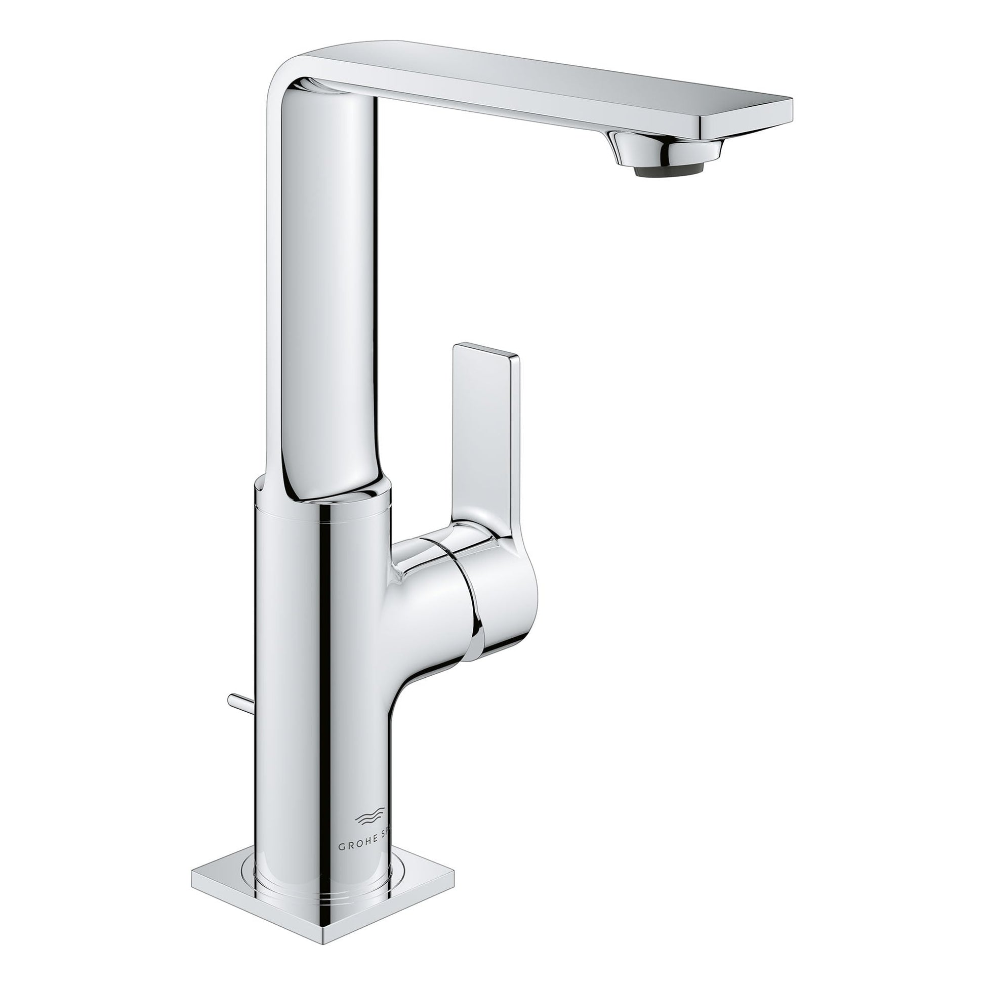 Chrome single-hole bathroom faucet with tall cylindrical body, single lever handle, and extended rectangular spout.