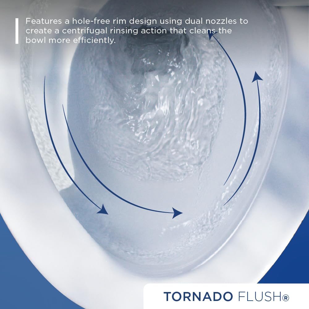 Sedona beige elongated toilet bowl interior showing water flow pattern from dual nozzles creating centrifugal rinsing action.