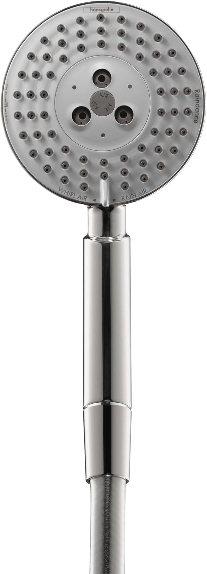 Chrome handshower with round perforated head containing three center jets and multiple outer spray holes, mounted on cylindri