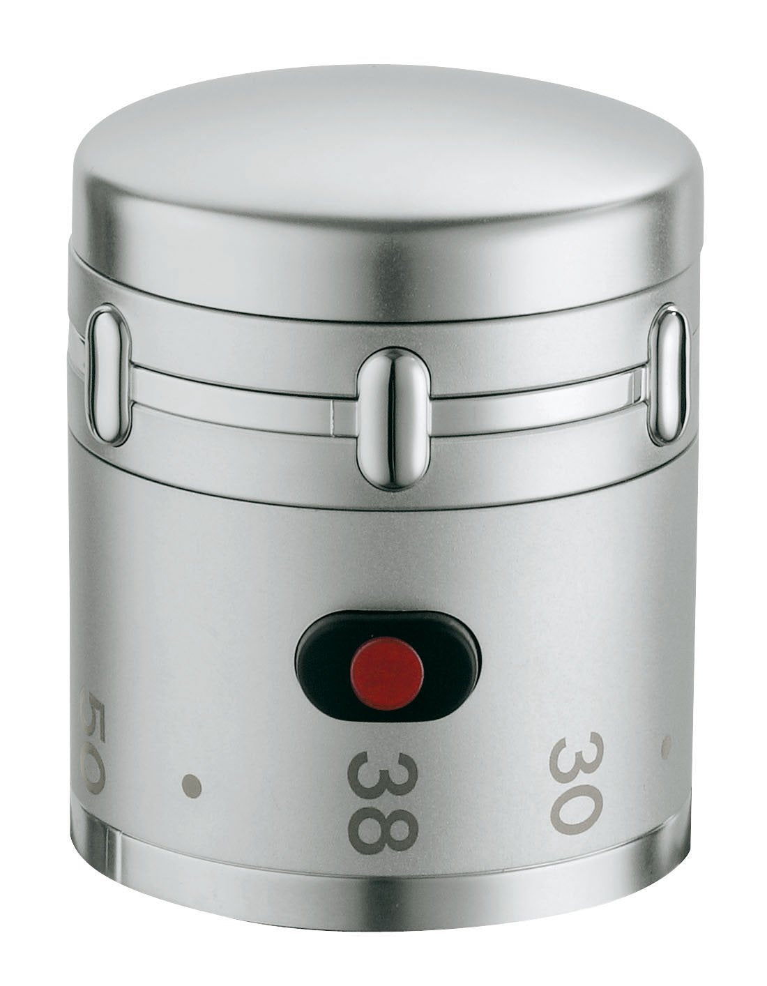 Cylindrical chrome temperature control handle with three oval grip buttons, temperature scale markings, and red indicator dot