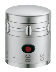 Cylindrical chrome temperature control handle with three oval grip buttons, temperature scale markings, and red indicator dot