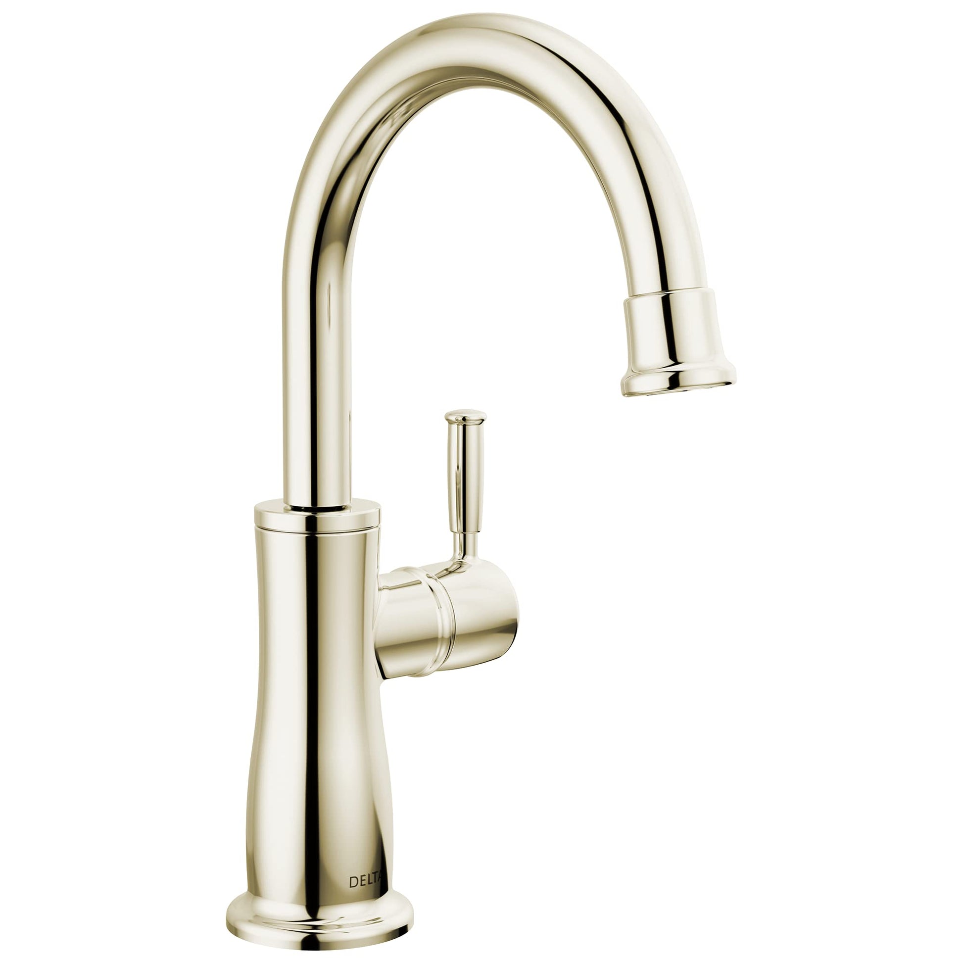 Polished nickel single-handle beverage faucet with curved spout and cylindrical base.