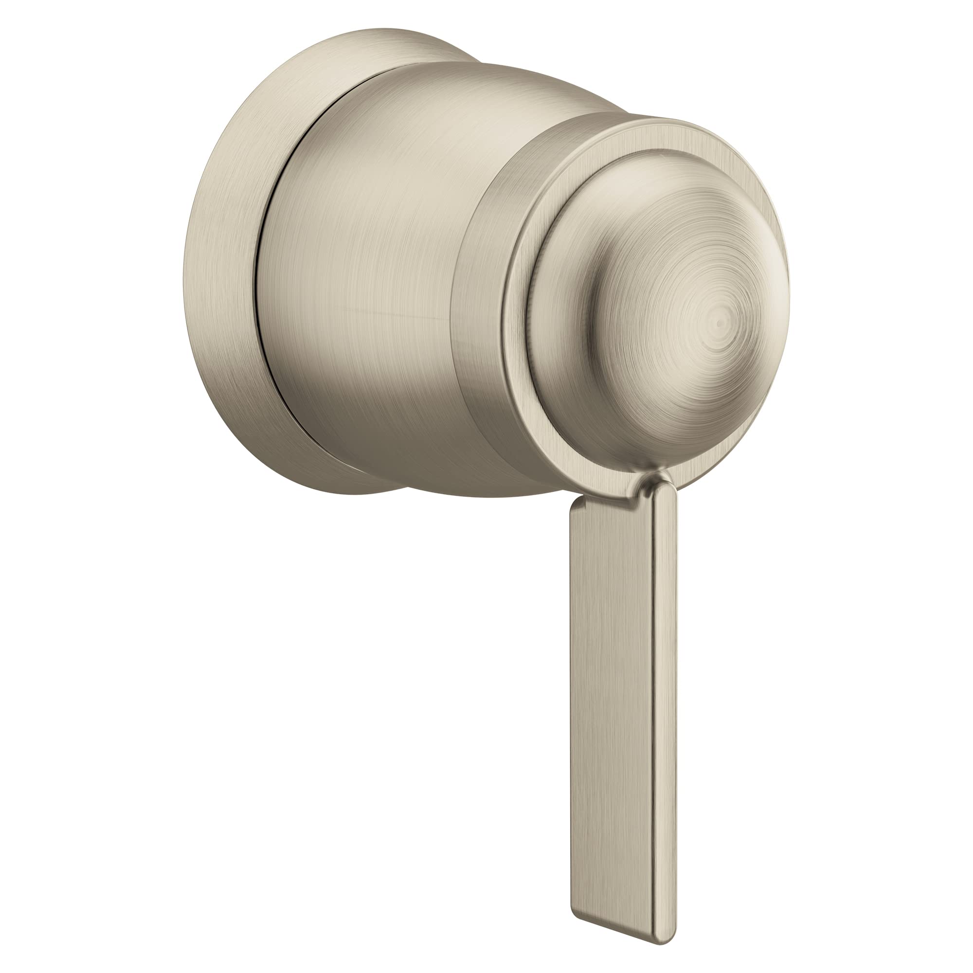 Brushed nickel single-handle volume control valve trim with cylindrical knob and rectangular lever handle.