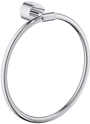 Polished chrome towel ring with cylindrical wall mount and curved circular ring design.
