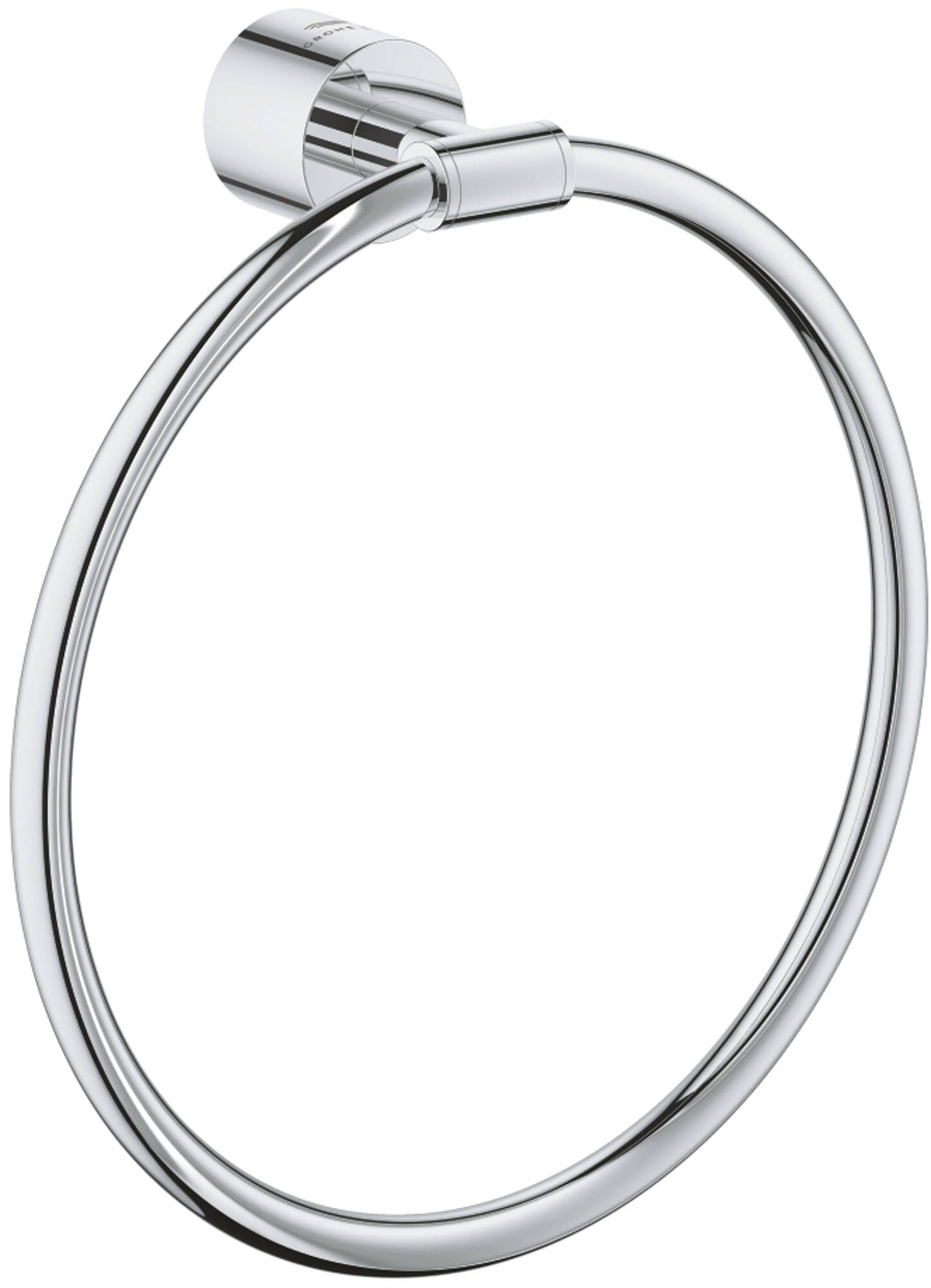 Polished chrome towel ring with cylindrical wall mount and curved circular ring design.
