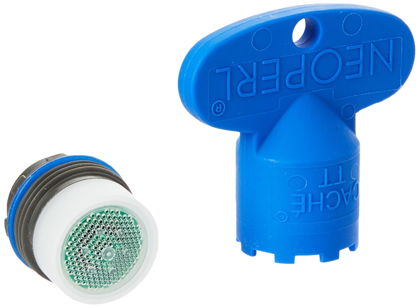 Blue plastic Grohe flow control cartridge with adjustment key and green aerator disc component.