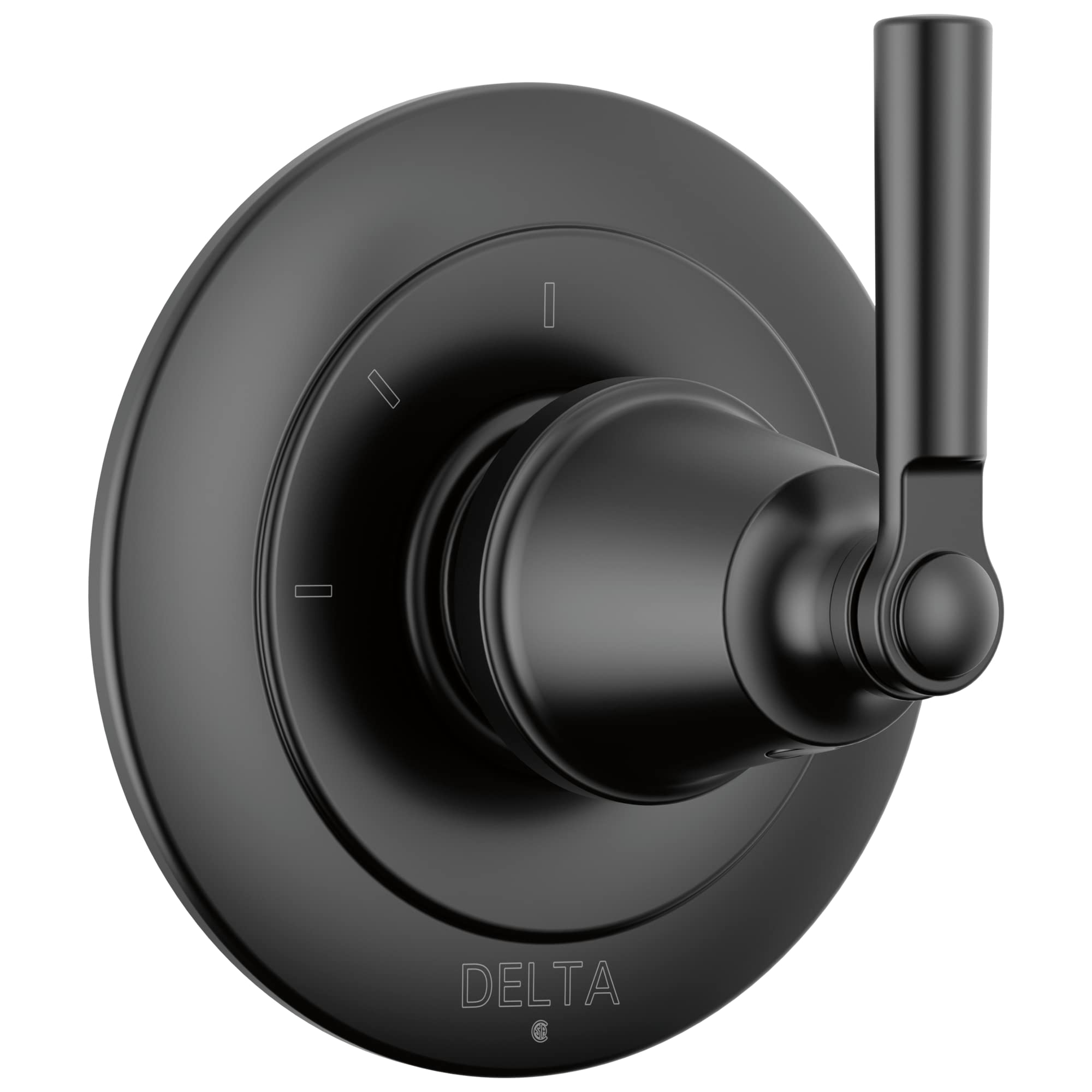 Matte black Delta Saylor diverter trim with round escutcheon plate, lever handle, and three setting indicators.