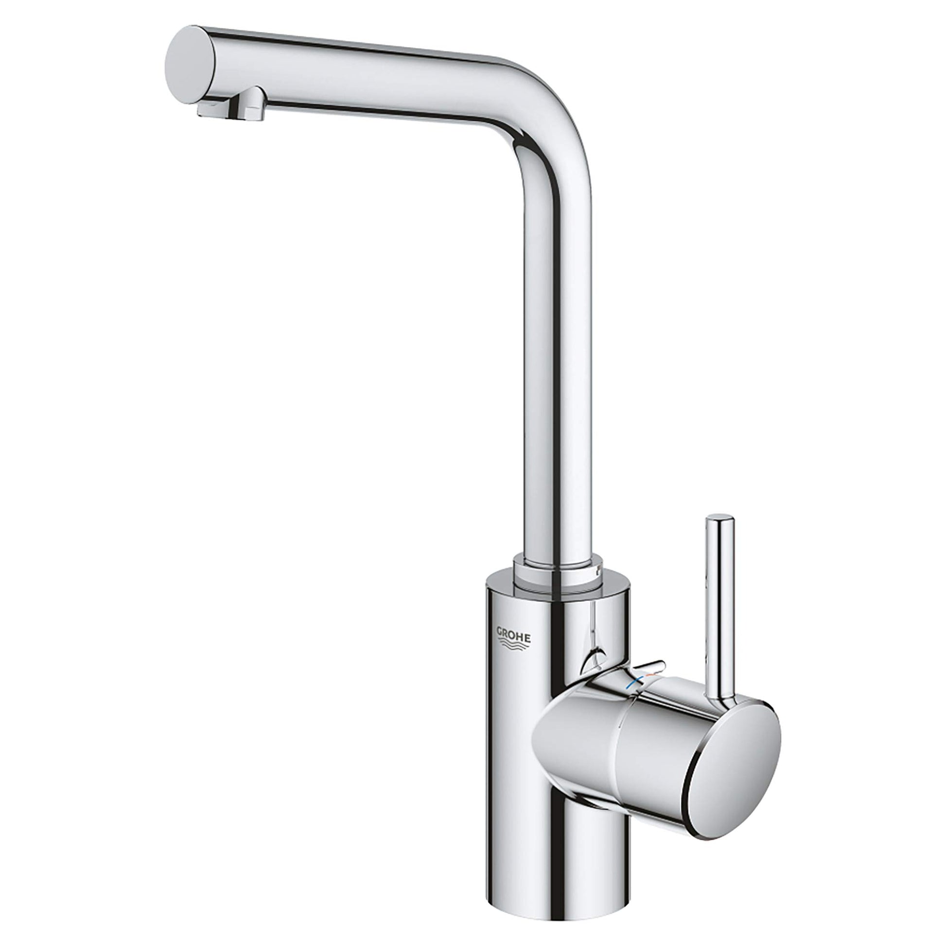 Chrome single-handle bathroom faucet with tall angular spout and cylindrical body featuring lever control.