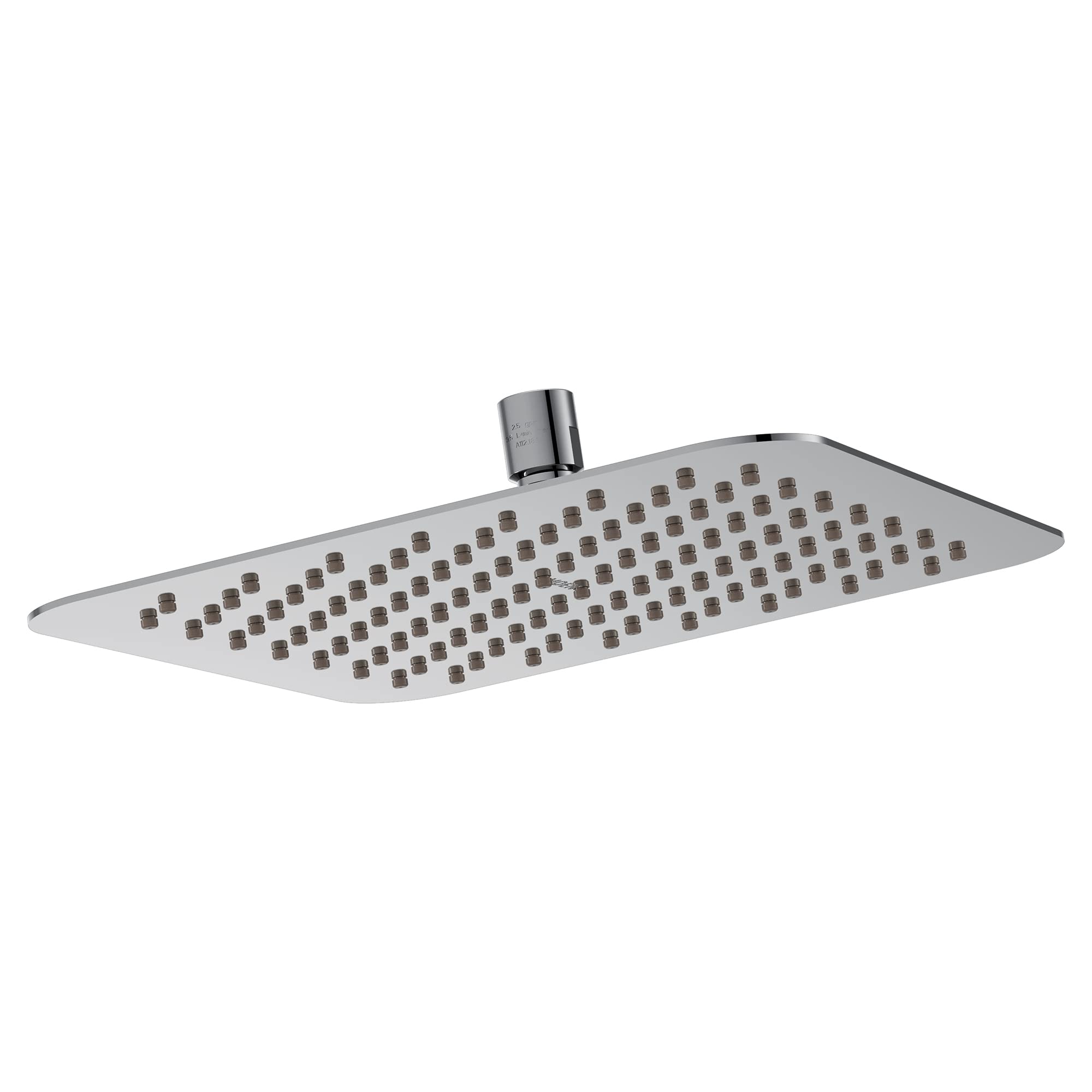 Chrome rectangular rainshower head with multiple spray nozzles and adjustable arm connection.