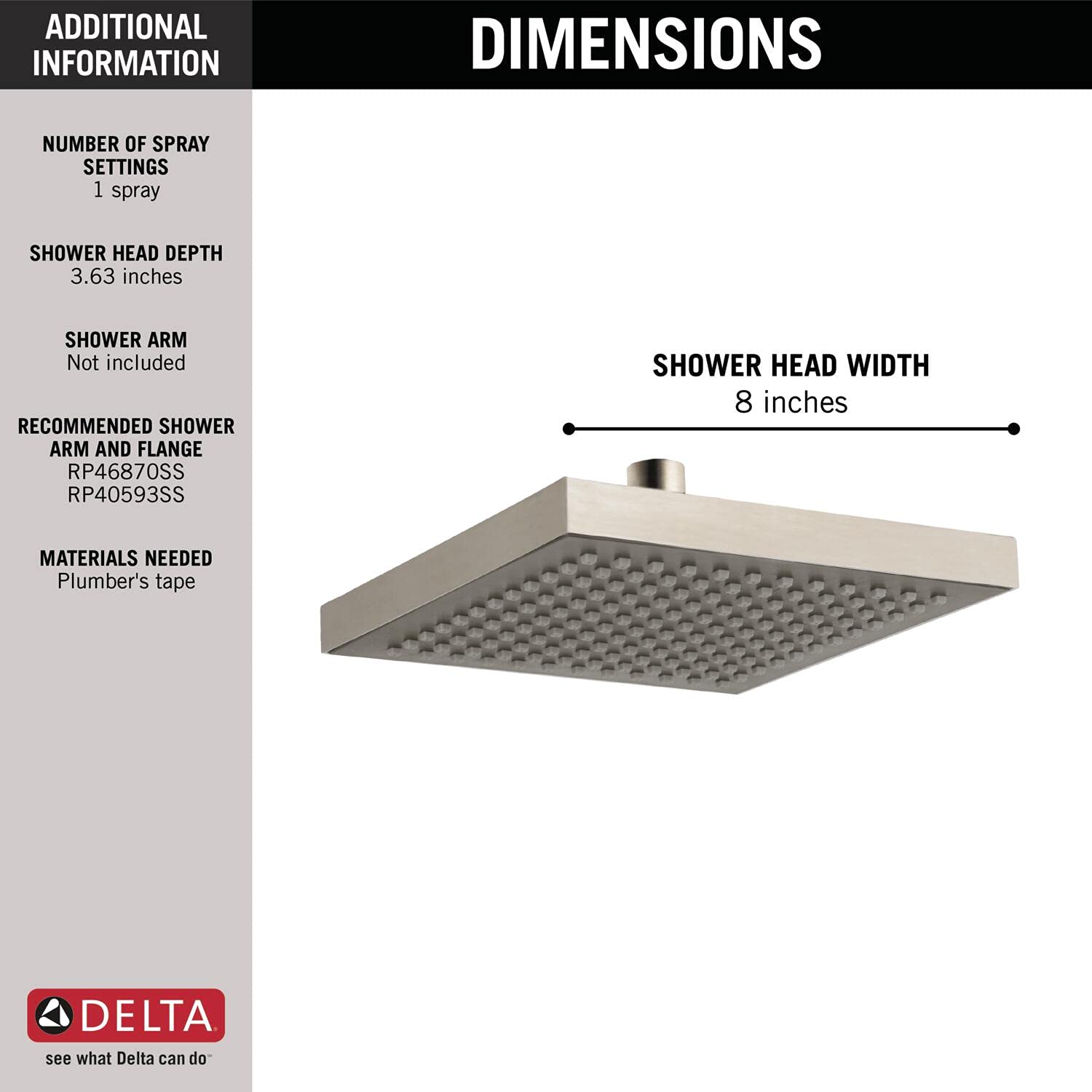 Stainless steel square raincan shower head with 8-inch width and perforated spray surface.
