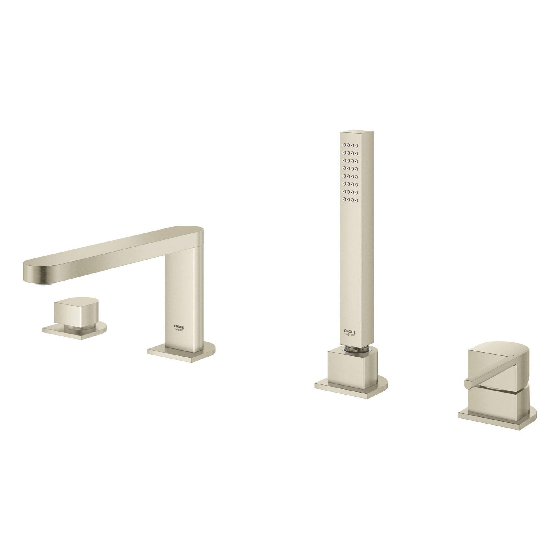 Brushed nickel four-piece Roman tub faucet set with single handle, curved spout, tall hand shower head, and deck-mount compon