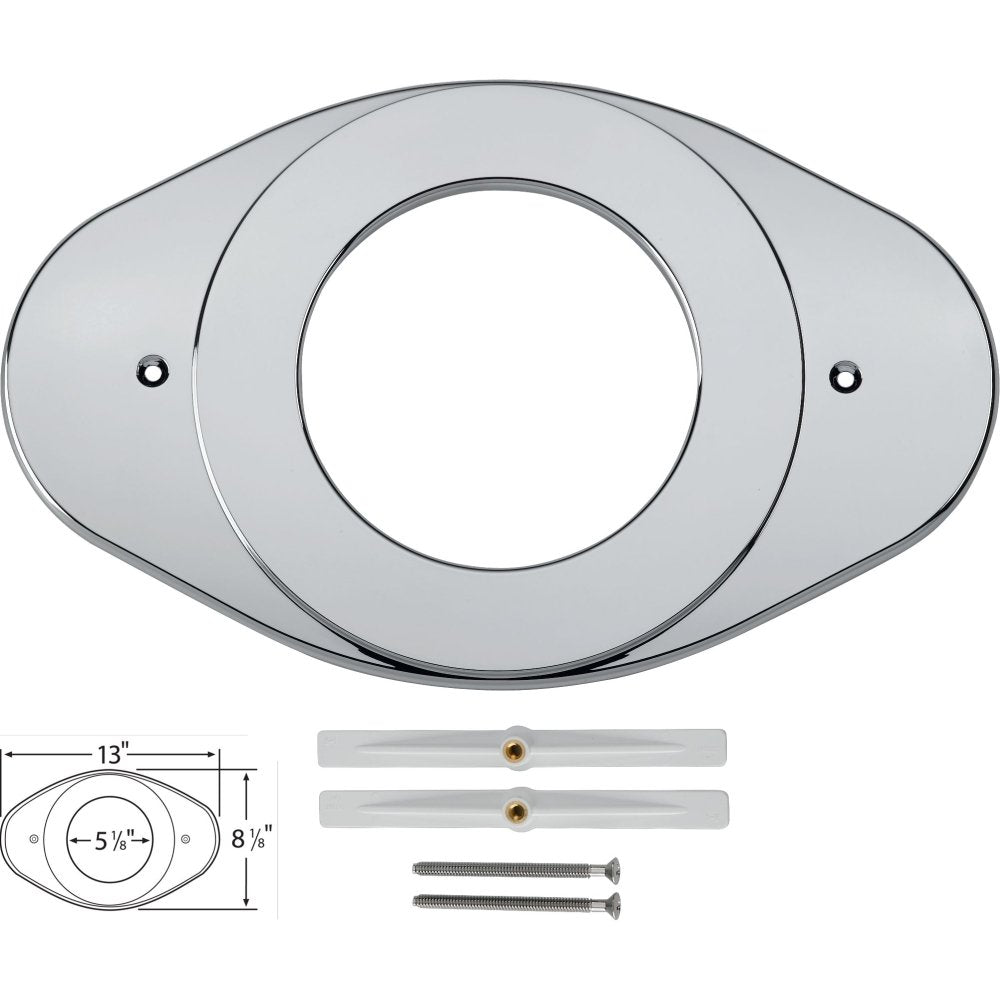 Chrome oval shower cover plate with center opening, mounting brackets, and screws included.