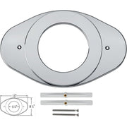 Chrome oval shower cover plate with center opening, mounting brackets, and screws included.