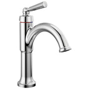 Chrome single-handle bathroom faucet with curved spout and cylindrical lever handle on tall base.