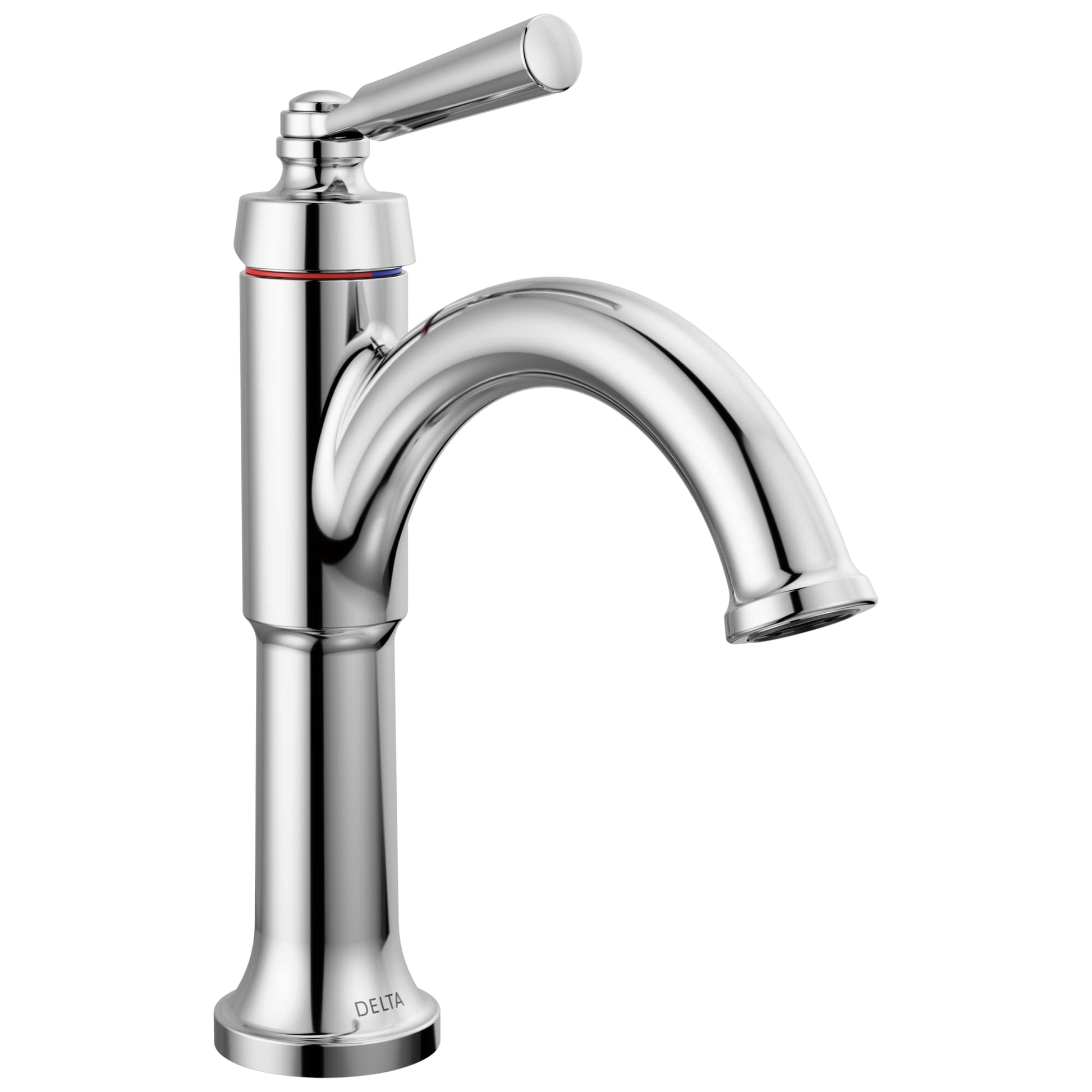 Chrome single-handle bathroom faucet with curved spout and cylindrical lever handle on tall base.