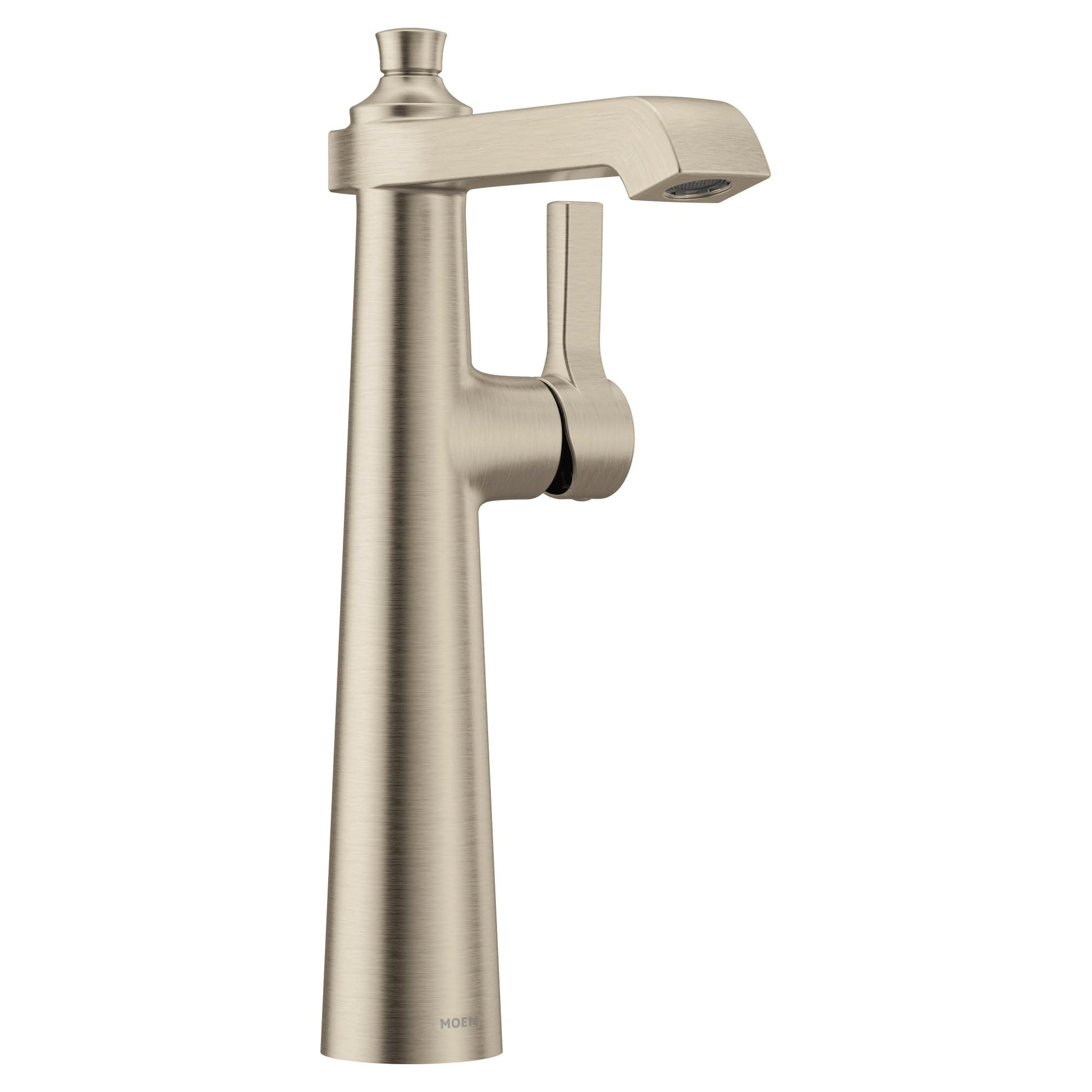 Brushed nickel single-handle vessel sink faucet with tall spout and lever handle.