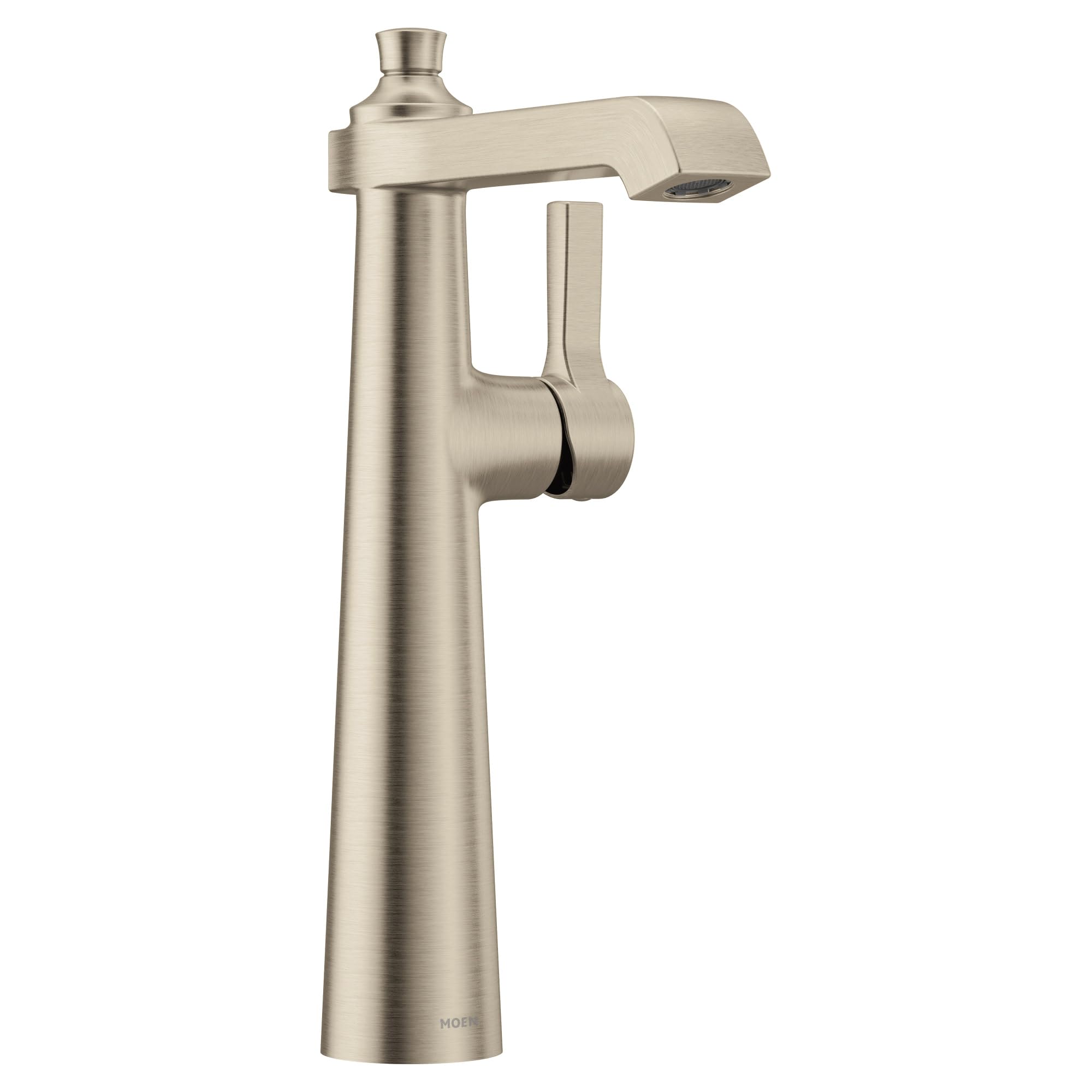 Brushed nickel single-handle vessel sink faucet with tall spout and lever handle.