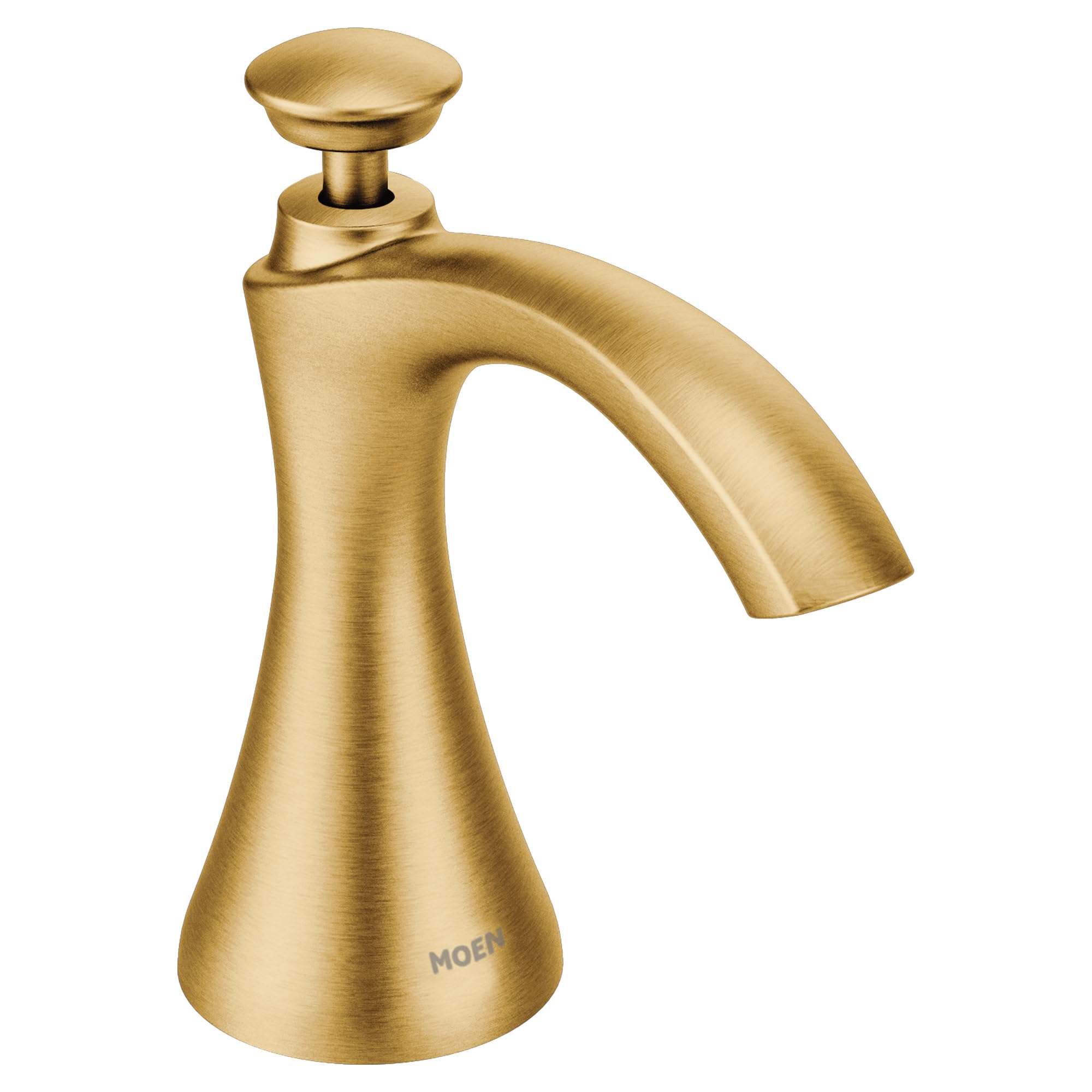Brushed gold deck-mounted soap dispenser with curved spout and round pump button on tapered base.