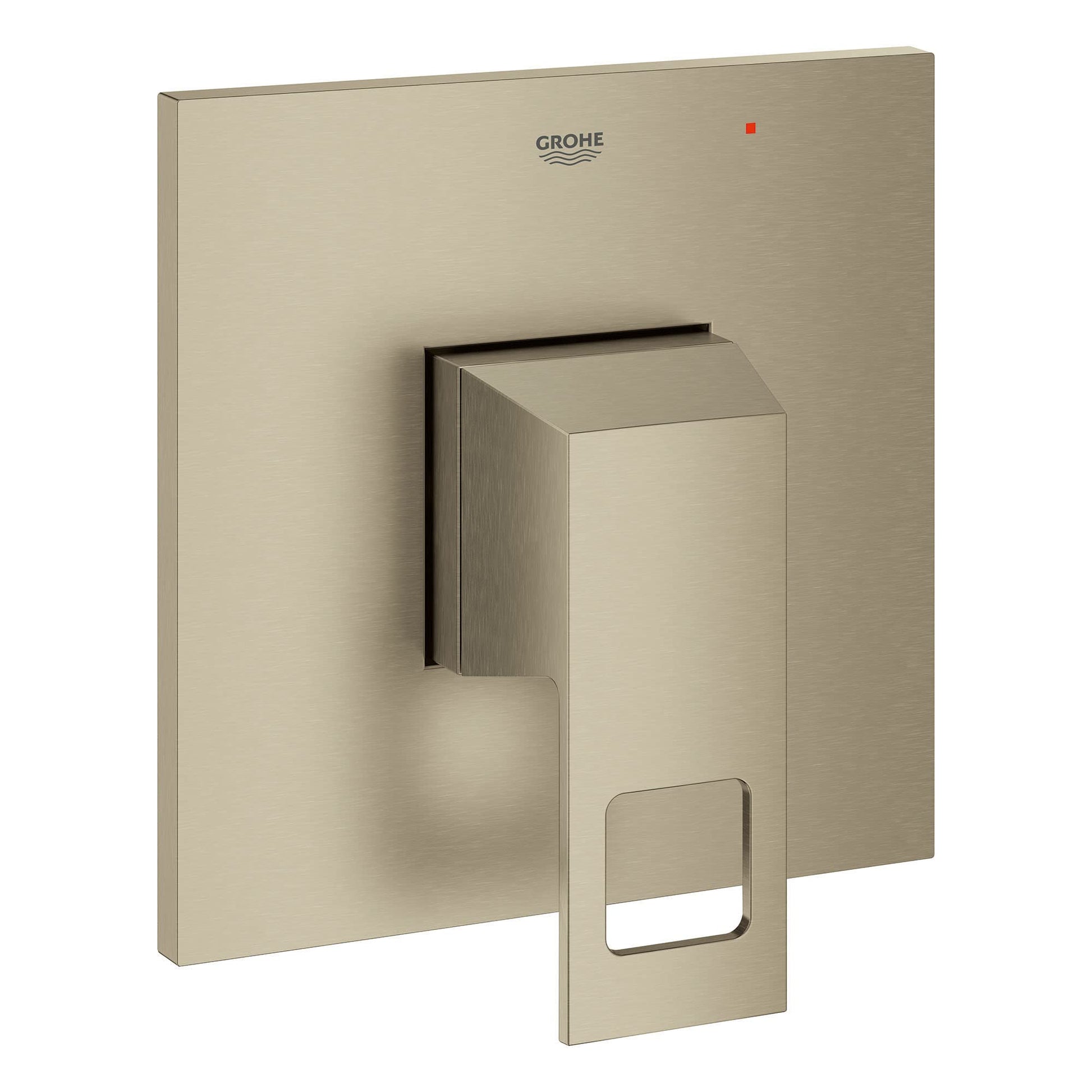 Grohe Eurocube brushed nickel pressure balance valve trim with square escutcheon plate and single lever handle.