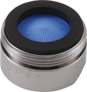 Stainless steel faucet aerator with black rubber rim and blue mesh screen insert visible from above.