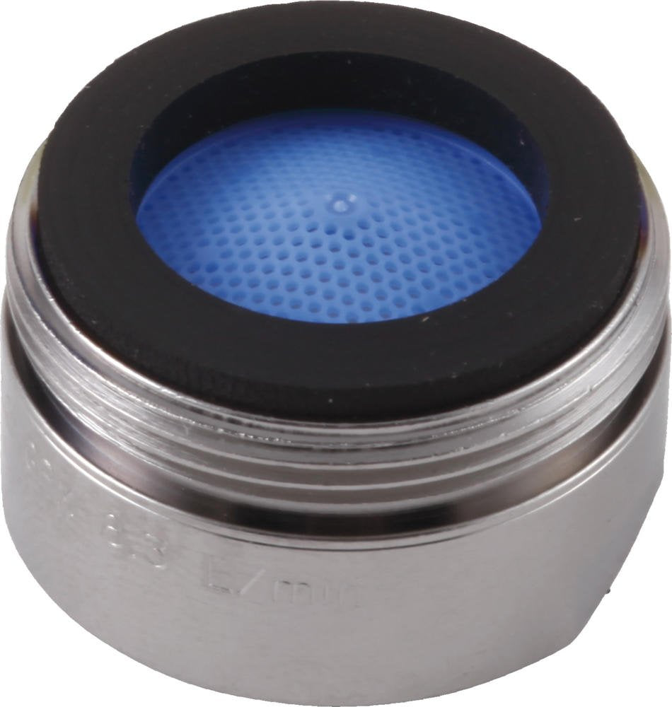 Stainless steel faucet aerator with black rubber rim and blue mesh screen insert visible from above.