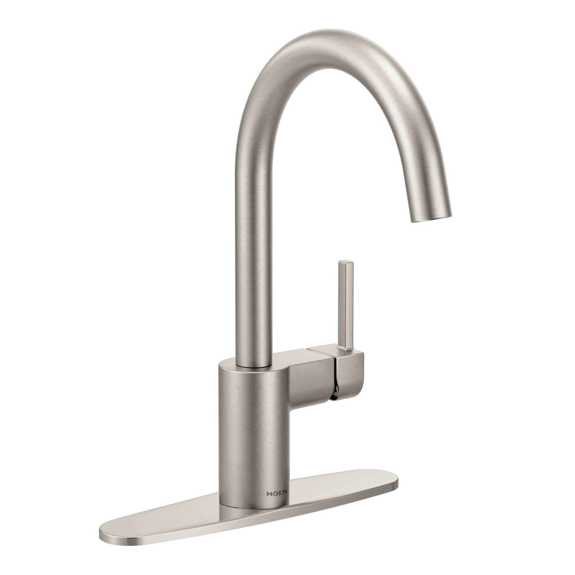 Stainless steel kitchen faucet with high curved spout, single lever handle, and oval base plate.